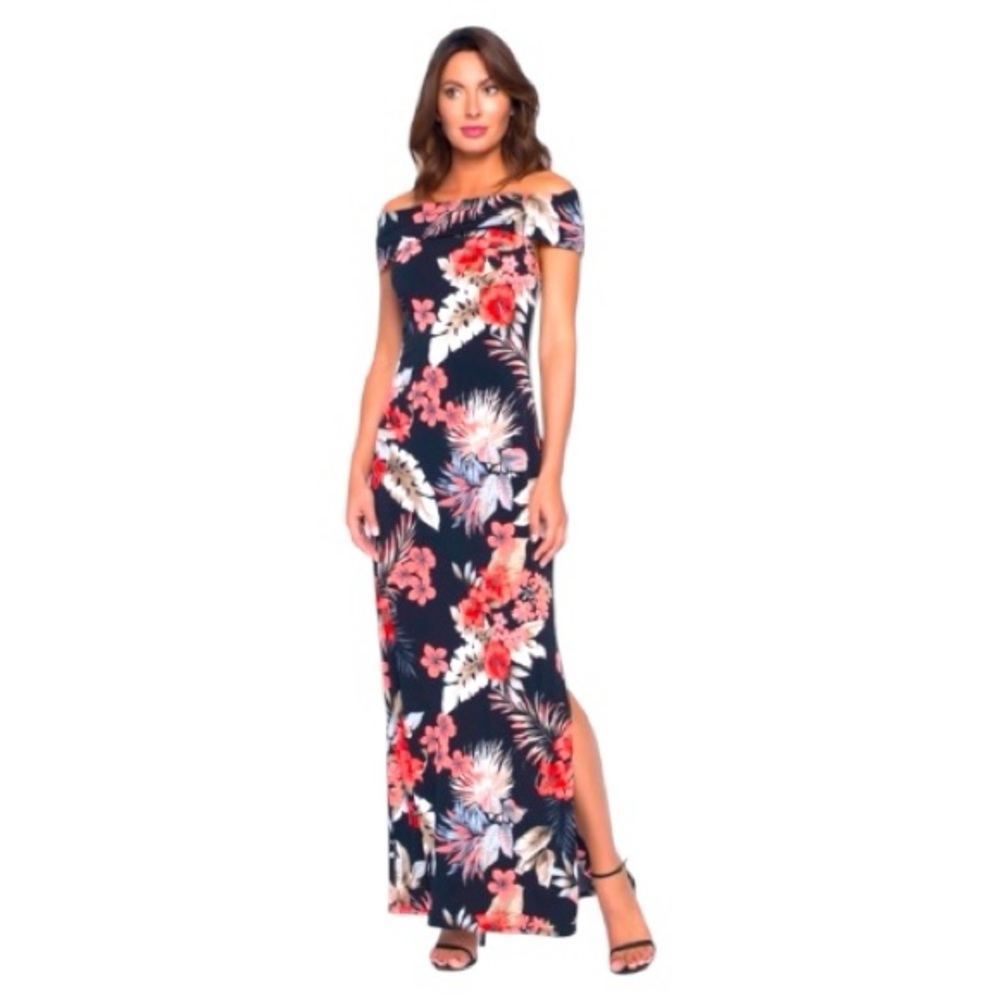 Frank Lyman Design Floral Print Off-Shoulder Maxi Dress Size 4 BlackPapaya Drape